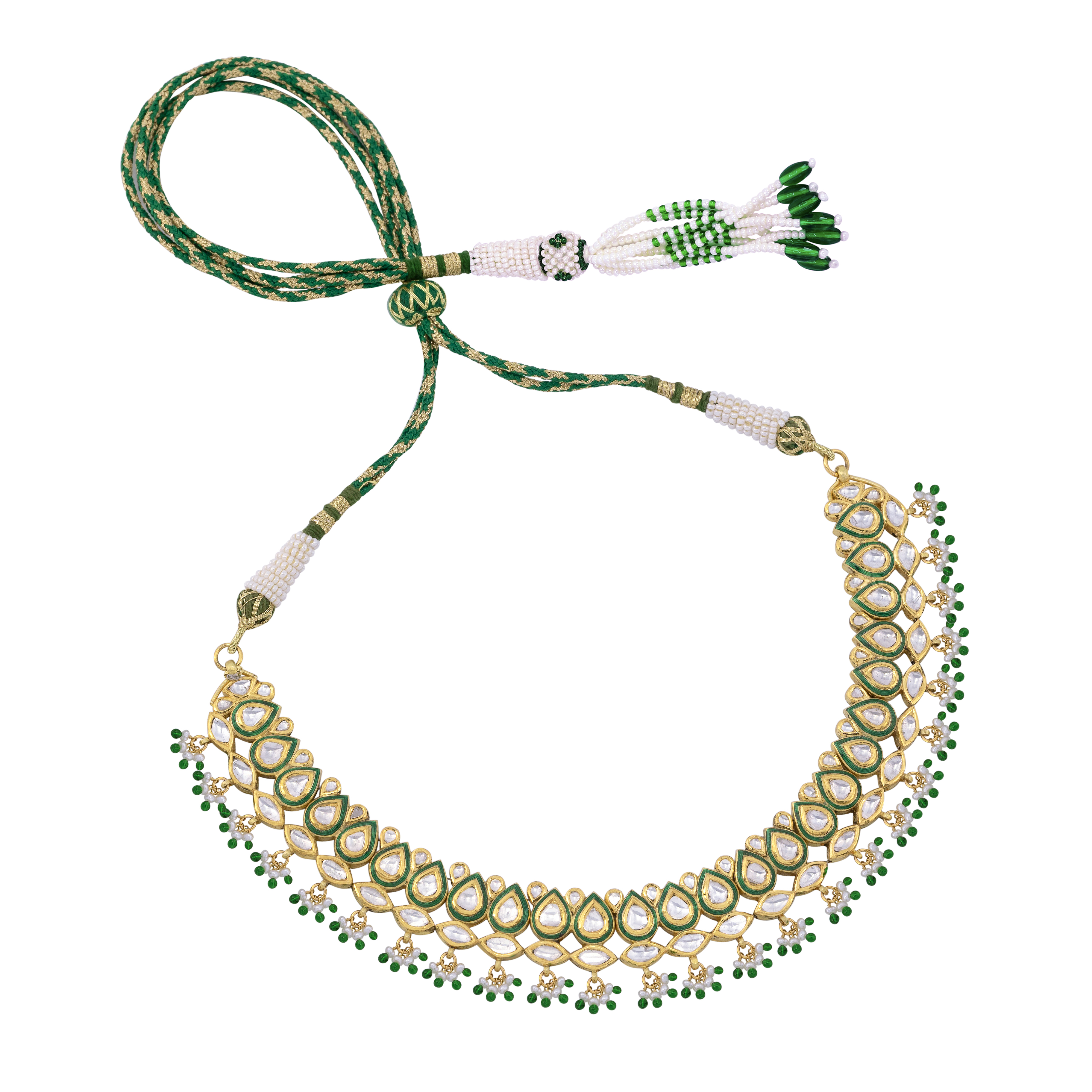 Emerald Enamel Polki Necklace with Pear Motif Detailing